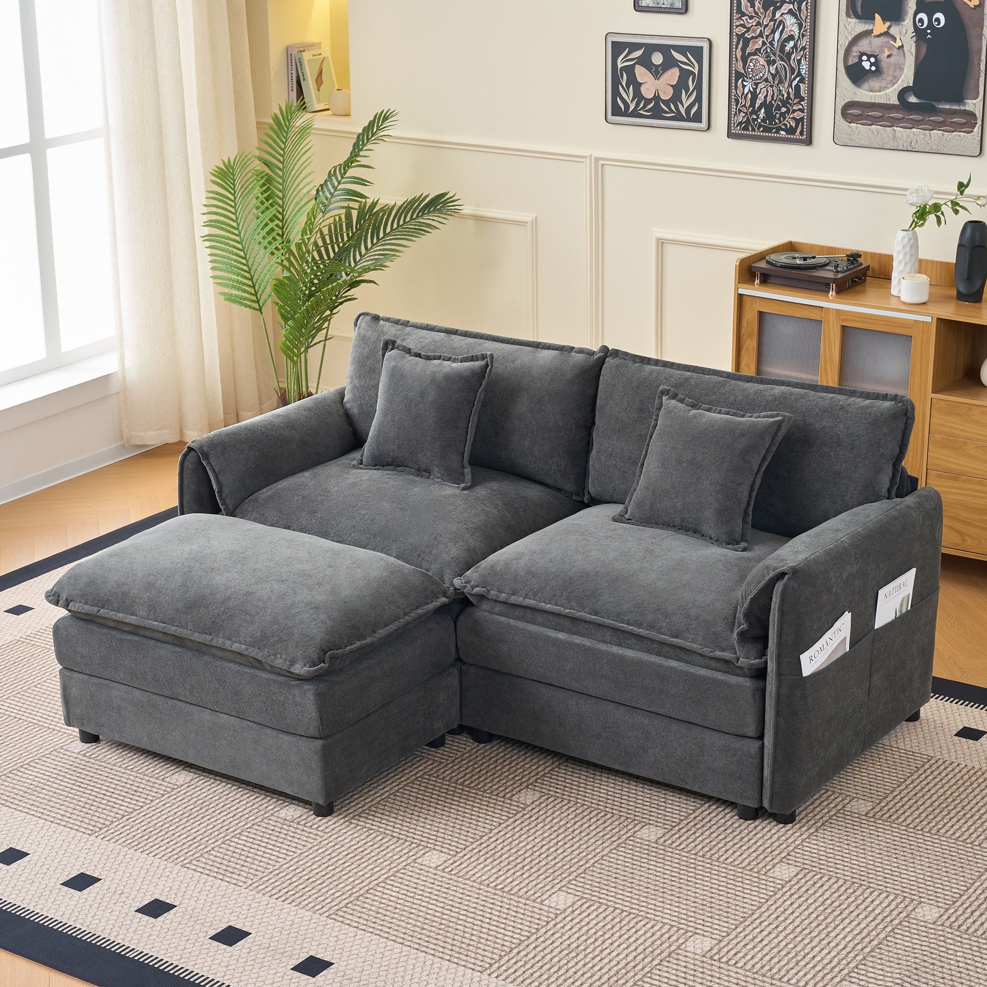 Deep Seat Sectional Sofa Cloud Couch with Ottoman,  Modern Chenille Comfy Love Seat Upholstered Modular L Shaped Couch for Living Room, Apartment, Office,DIY Combination,Grey