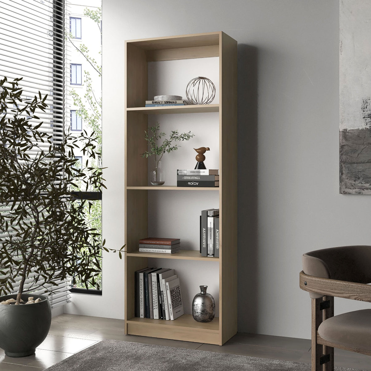 Bear Flat Bookcase with Open Storage and 4 Shelves ,Natural Oak and White