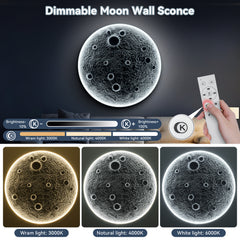 32-Inch Realistic Resin Moon Wall Light – Plug-In Dimmable LED Moon Sconce with Remote Control, 30 W Main & 10 W Night Light, Meteorite Crater Texture, 1.75″ Thick Wall-Mounted Décor for Home & Commer