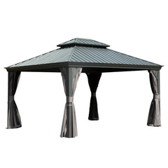 10' X 14' Hardtop Gazebo Permanent Outdoor Gazebo with Galvanized Steel Double Roof, Aluminum Frame, Curtains and Netting for Patio Lawn and Garden, Gray