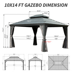 10' X 14' Hardtop Gazebo Permanent Outdoor Gazebo with Galvanized Steel Double Roof, Aluminum Frame, Curtains and Netting for Patio Lawn and Garden, Gray