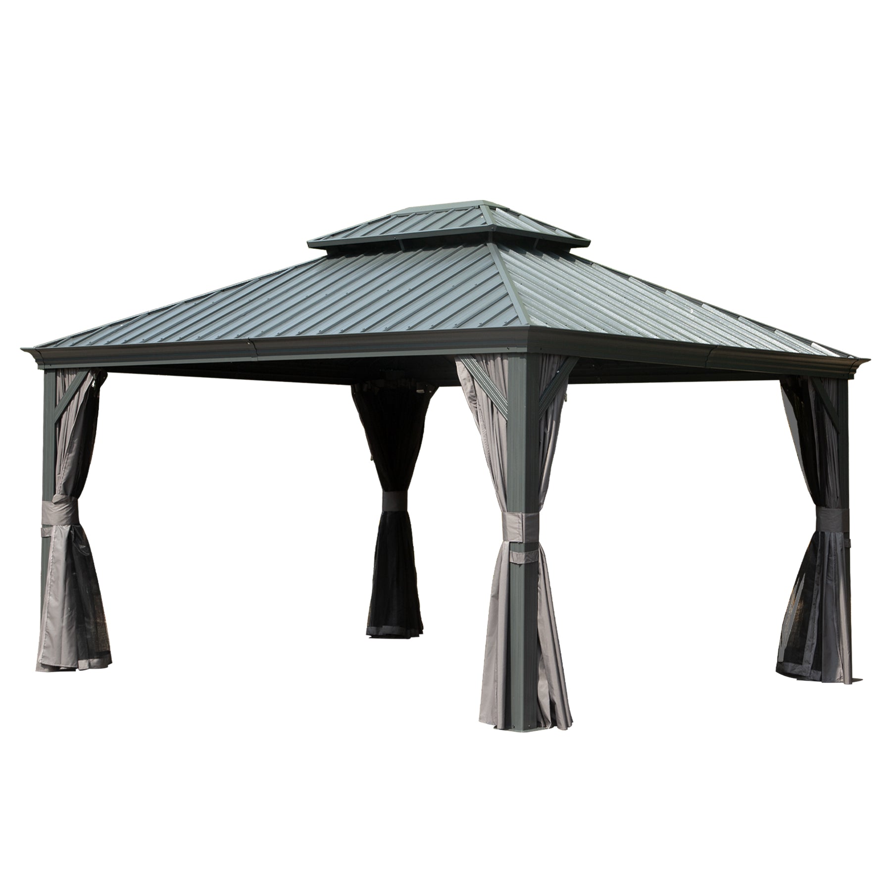 10' X 14' Hardtop Gazebo Permanent Outdoor Gazebo with Galvanized Steel Double Roof, Aluminum Frame, Curtains and Netting for Patio Lawn and Garden, Gray