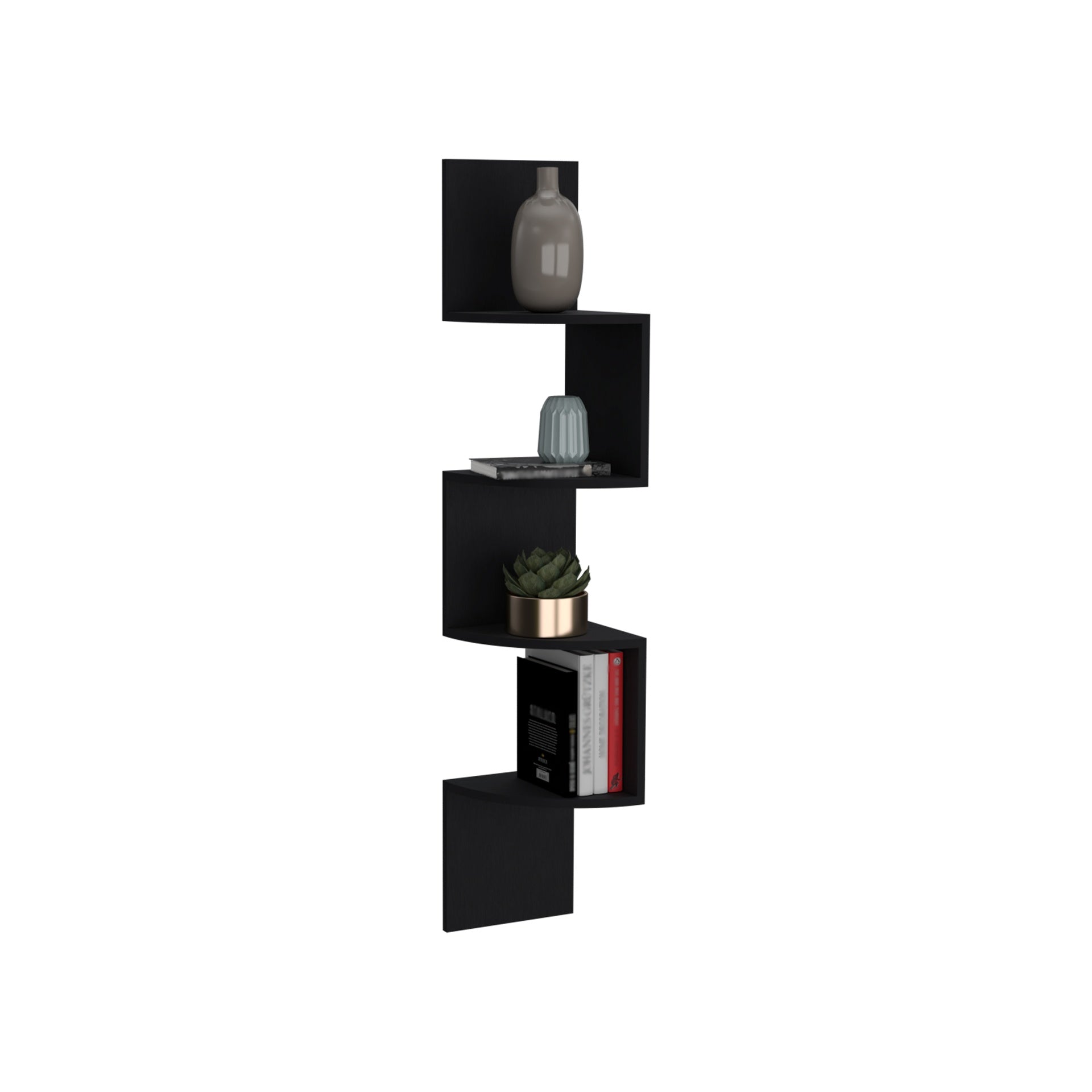 Roy Corner Floating Shelf, Modern 4-Tier Display, Black