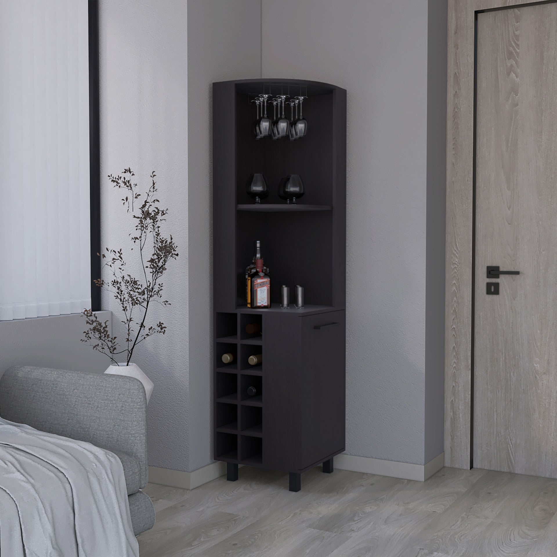 Corner Bar Single Door Cabinet Two Shelves, Ten Built-in Wine Rack, Two Interior Shelves