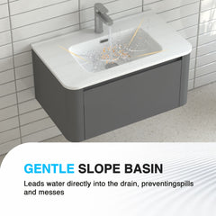 30" Grey Wall Mounted Bathroom Vanity with Basin Floating Vanity Drawer Bathroom Cabinet with White Ceramic Integrated Basin