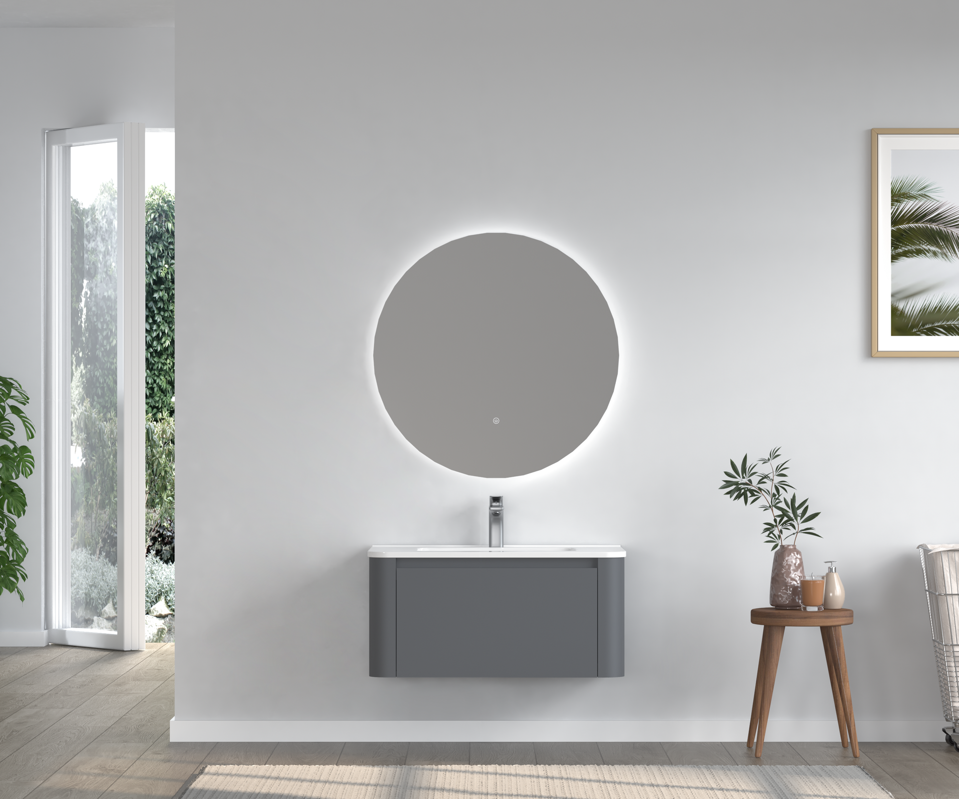 30" Grey Wall Mounted Bathroom Vanity with Basin Floating Vanity Drawer Bathroom Cabinet with White Ceramic Integrated Basin