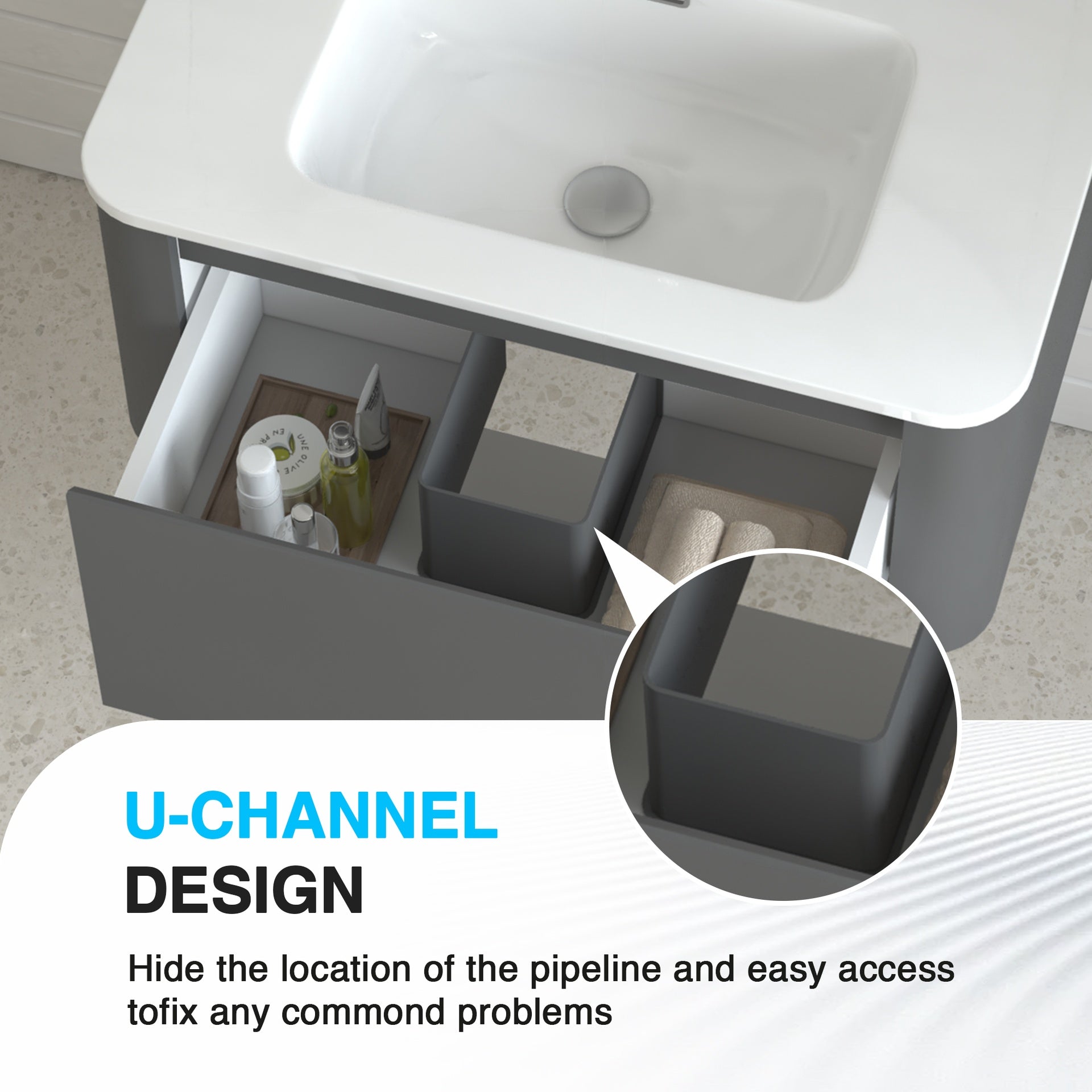 30" Grey Wall Mounted Bathroom Vanity with Basin Floating Vanity Drawer Bathroom Cabinet with White Ceramic Integrated Basin