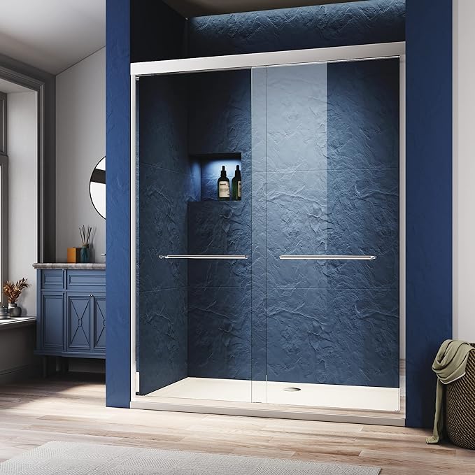 Sliding Shower Glass Door 44-48 in. W x 72 in. H, Adjustable Semi Frameless Shower Door, Certified Thick Clear Clear Tempered Glass, 304 Stainless Steel Handles, Brushed Nickel