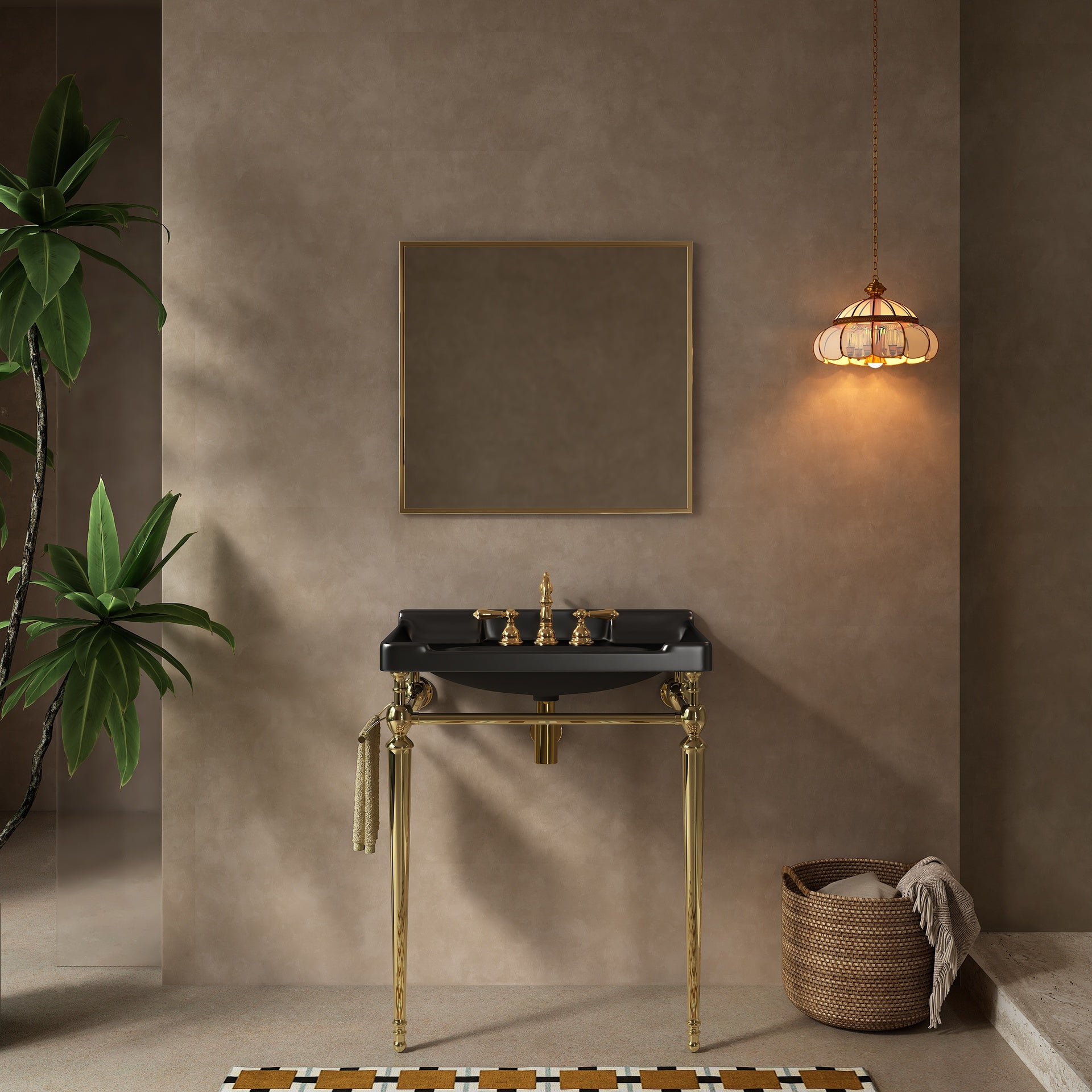 VICI 28" Bathroom Console Sink, Wall-Mounted Black Ceramic Vanity Basin with 3 Pre-drilled Faucet Holes, Freestanding Stainless Steel Support Legs with Towel Bar, No Faucet & Sink Cover, Gold Color