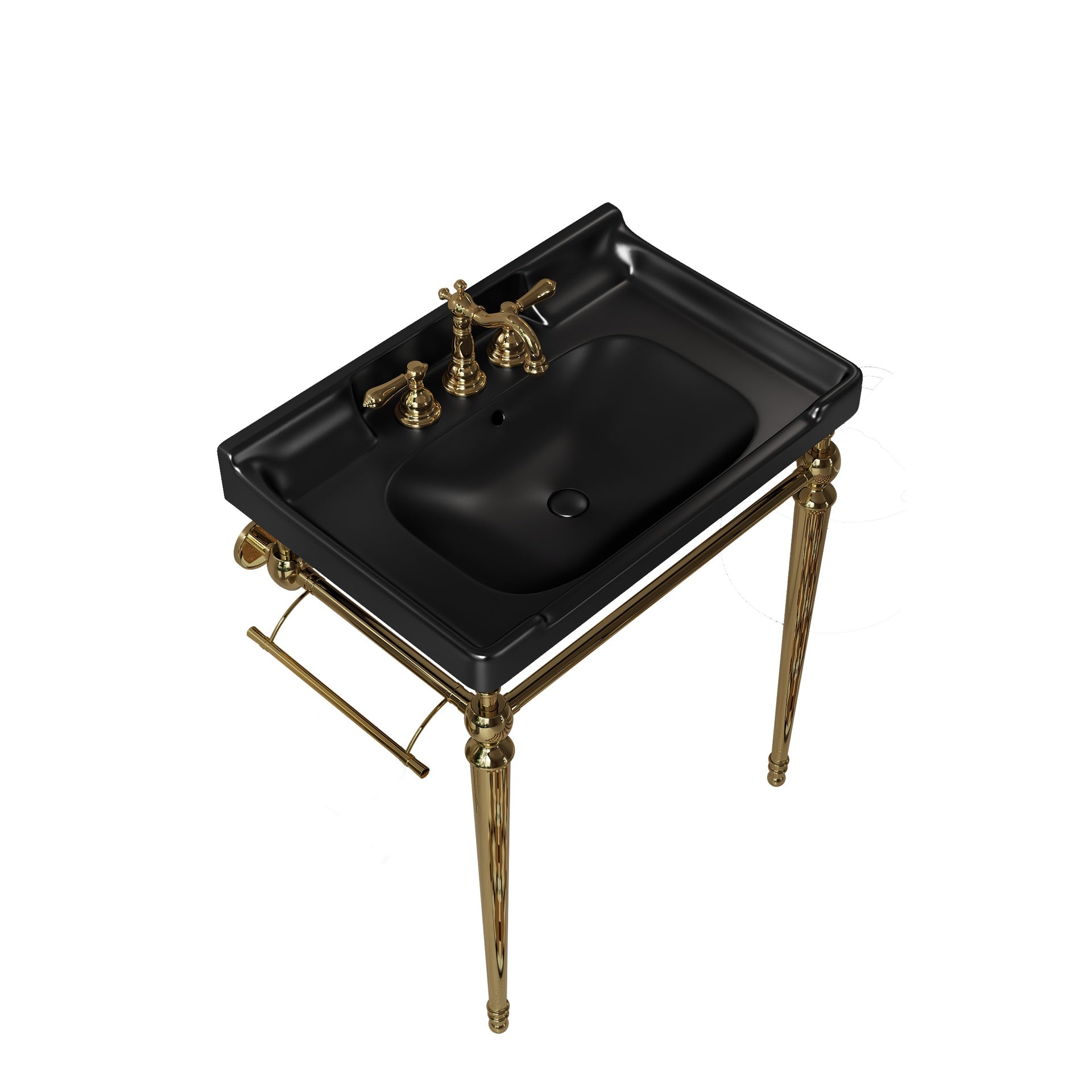 VICI 28" Bathroom Console Sink, Wall-Mounted Black Ceramic Vanity Basin with 3 Pre-drilled Faucet Holes, Freestanding Stainless Steel Support Legs with Towel Bar, No Faucet & Sink Cover, Gold Color