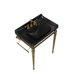 VICI 28" Bathroom Console Sink, Wall-Mounted Black Ceramic Vanity Basin with 3 Pre-drilled Faucet Holes, Freestanding Stainless Steel Support Legs with Towel Bar, No Faucet & Sink Cover, Gold Color