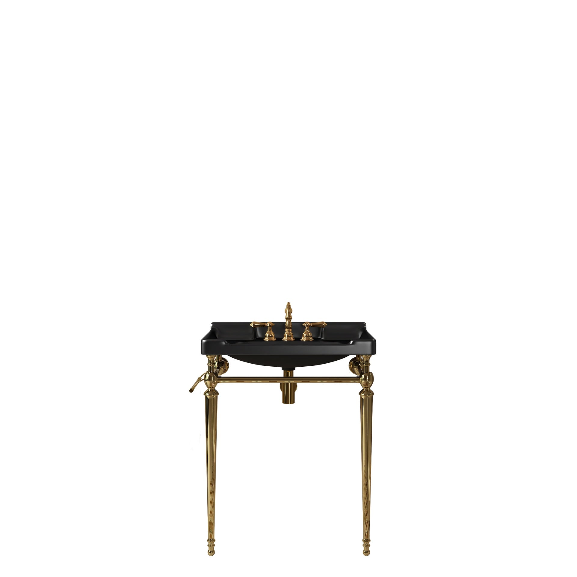 VICI 28" Bathroom Console Sink, Wall-Mounted Black Ceramic Vanity Basin with 3 Pre-drilled Faucet Holes, Freestanding Stainless Steel Support Legs with Towel Bar, No Faucet & Sink Cover, Gold Color