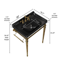 VICI 28" Bathroom Console Sink, Wall-Mounted Black Ceramic Vanity Basin with 3 Pre-drilled Faucet Holes, Freestanding Stainless Steel Support Legs with Towel Bar, No Faucet & Sink Cover, Gold Color