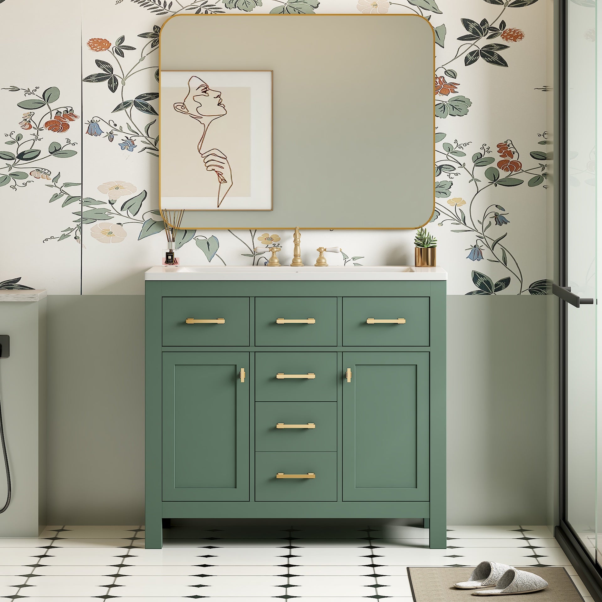 36'' Bathroom Vanity with Ceramic Sink Combo Set, Modern Freestanding Single Bathroom Cabinet with 4 Drawers & 2 Cabinets,Storage Cabinet for Bathroom, Solid Wood Frame Vanity Set, Green