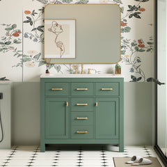 36'' Bathroom Vanity with Ceramic Sink Combo Set, Modern Freestanding Single Bathroom Cabinet with 4 Drawers & 2 Cabinets,Storage Cabinet for Bathroom, Solid Wood Frame Vanity Set, Green