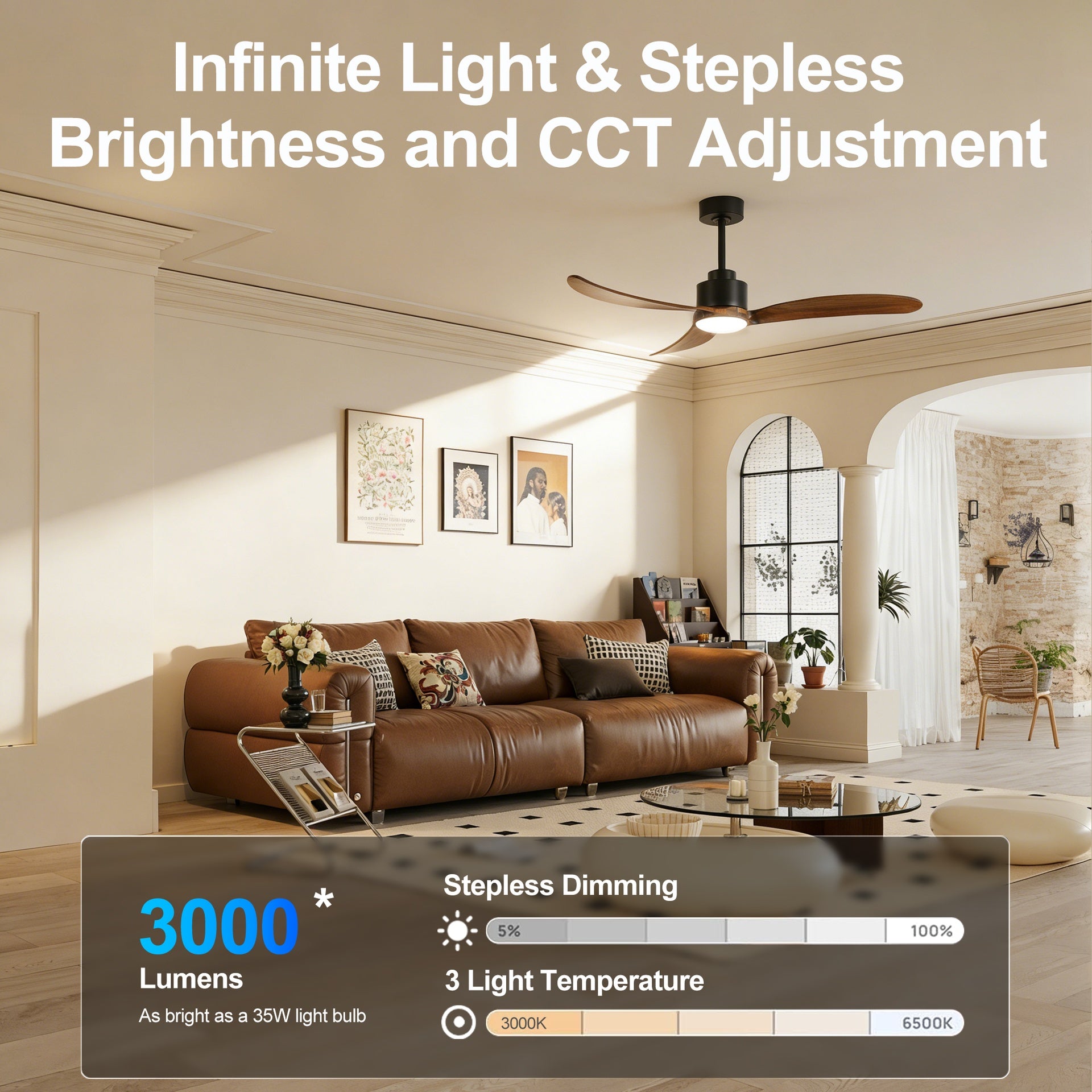 52" Ceiling Fan with Dimmable LED Light Remote Control,Quiet DC Motor 6 Speed Levels,Adjust Height( 3 PCS Rod) Reversible Ceiling Fan, for Patio Living Room, Bedroom, Office,Indoor.(Matte Black +Wood)