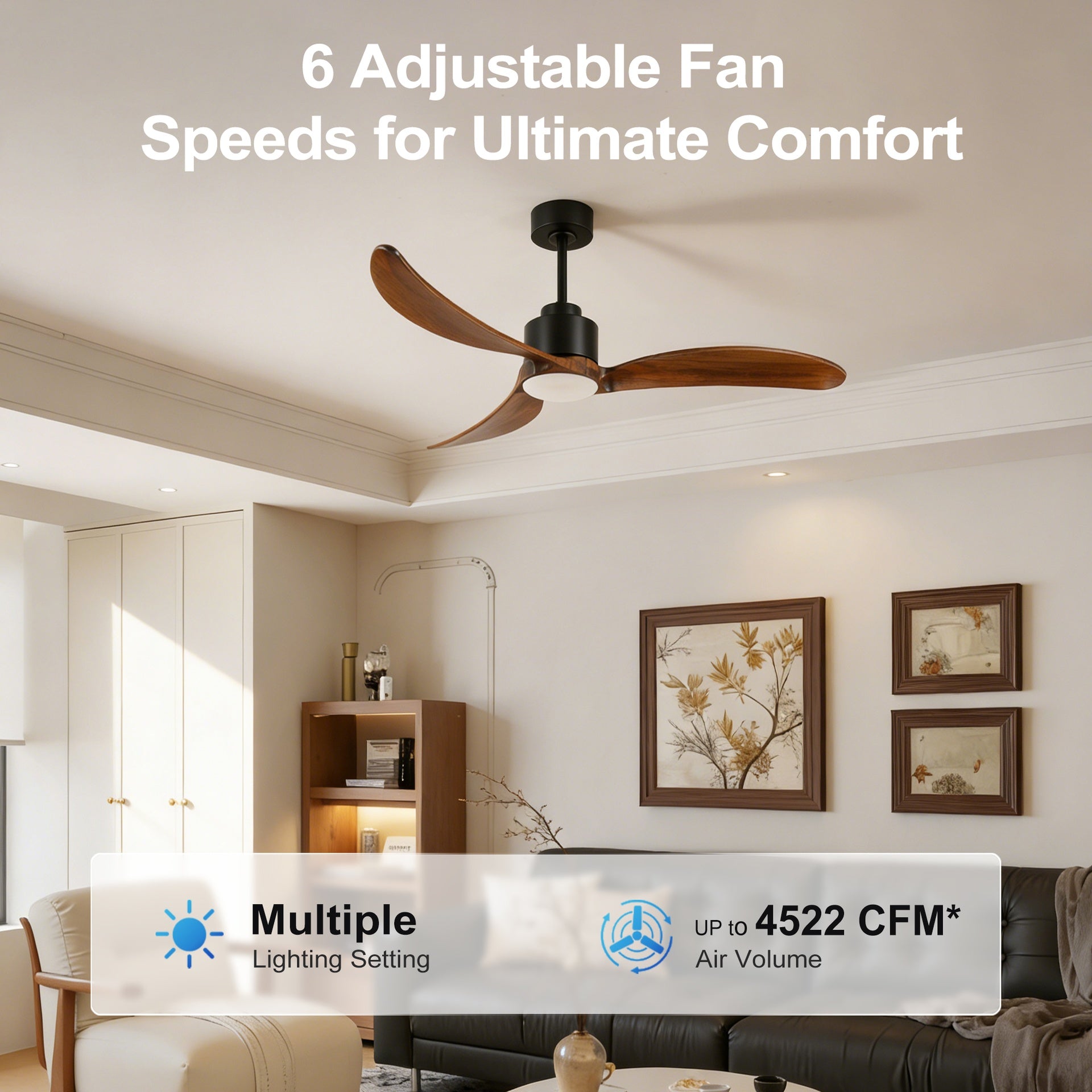 52" Ceiling Fan with Dimmable LED Light Remote Control,Quiet DC Motor 6 Speed Levels,Adjust Height( 3 PCS Rod) Reversible Ceiling Fan, for Patio Living Room, Bedroom, Office,Indoor.(Matte Black +Wood)