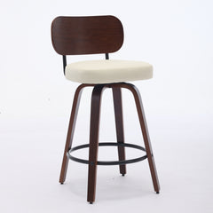 Swivel Bar Stools Set of 2, 26" Upholstered Faux Leather Counter Height Barstools with Walnut Back & Bentwood Legs, Mid Century Modern Bar Chairs Island Stools for Kitchen Counter, Beige PU, SW1864BG