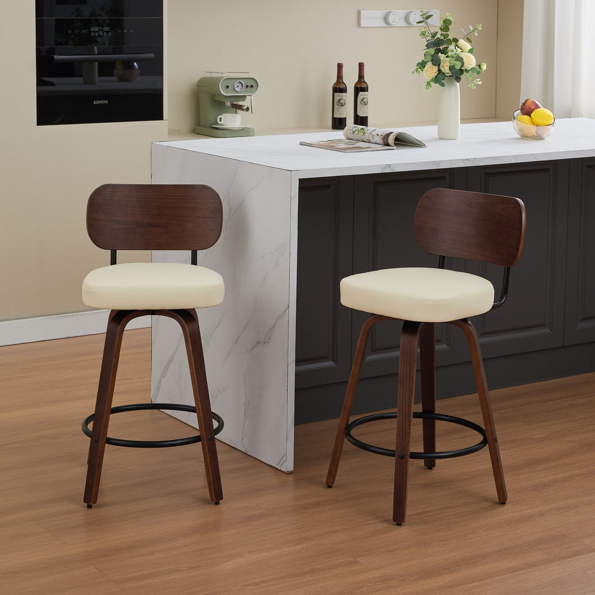 Swivel Bar Stools Set of 2, 26" Upholstered Faux Leather Counter Height Barstools with Walnut Back & Bentwood Legs, Mid Century Modern Bar Chairs Island Stools for Kitchen Counter, Beige PU, SW1864BG