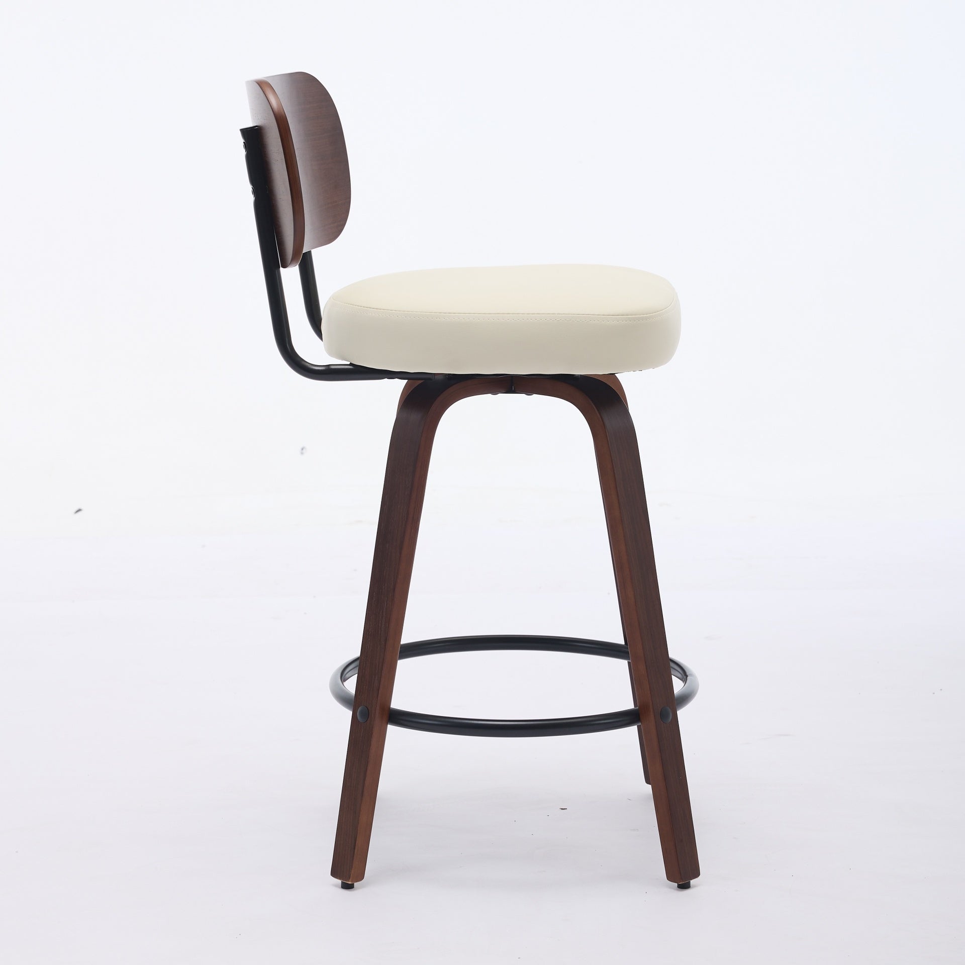 Swivel Bar Stools Set of 2, 26" Upholstered Faux Leather Counter Height Barstools with Walnut Back & Bentwood Legs, Mid Century Modern Bar Chairs Island Stools for Kitchen Counter, Beige PU, SW1864BG