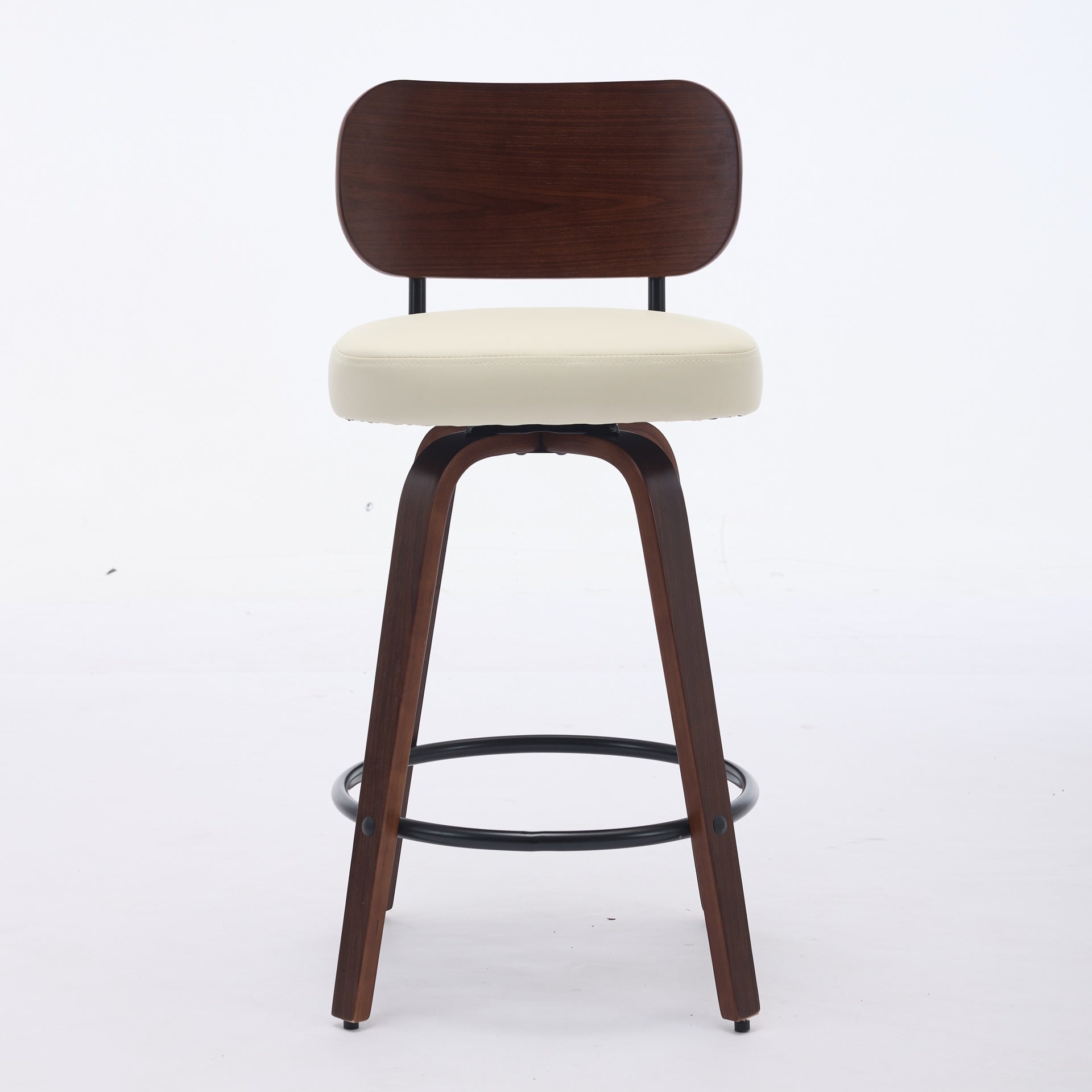 Swivel Bar Stools Set of 2, 26" Upholstered Faux Leather Counter Height Barstools with Walnut Back & Bentwood Legs, Mid Century Modern Bar Chairs Island Stools for Kitchen Counter, Beige PU, SW1864BG