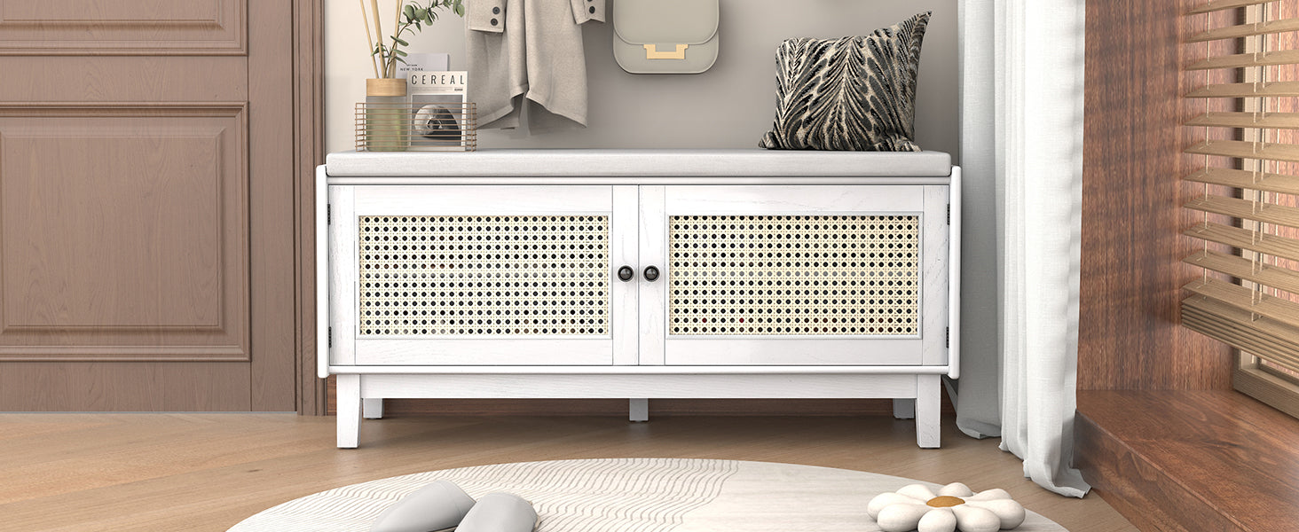 TREXM Boho Rattan Entryway Bench with Storage, Cushioned Shoe Bench with Double Doors, Wooden Shoe Organizer Bench for Entryway and Hallway (White+Beige )