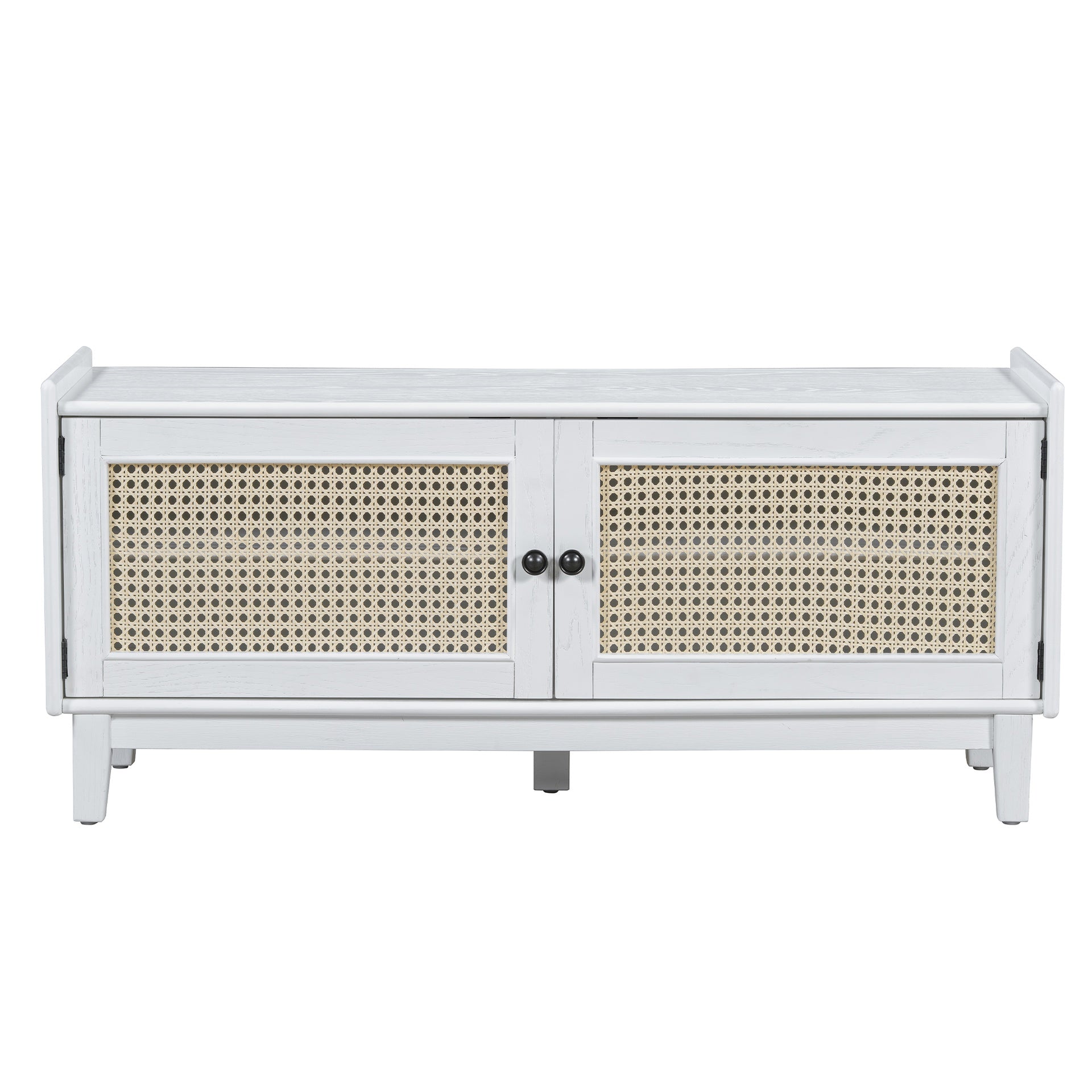 TREXM Boho Rattan Entryway Bench with Storage, Cushioned Shoe Bench with Double Doors, Wooden Shoe Organizer Bench for Entryway and Hallway (White+Beige )