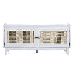 TREXM Boho Rattan Entryway Bench with Storage, Cushioned Shoe Bench with Double Doors, Wooden Shoe Organizer Bench for Entryway and Hallway (White+Beige )