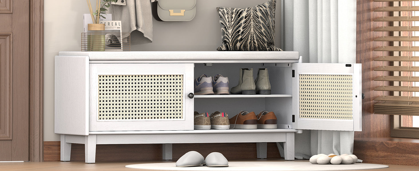 TREXM Boho Rattan Entryway Bench with Storage, Cushioned Shoe Bench with Double Doors, Wooden Shoe Organizer Bench for Entryway and Hallway (White+Beige )
