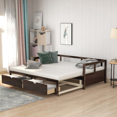 Wooden Daybed with Trundle Bed and Two Storage Drawers , Extendable Bed Daybed,Sofa Bed for Bedroom Living Room,Espresso(OLD SKU: WF194973AAP)