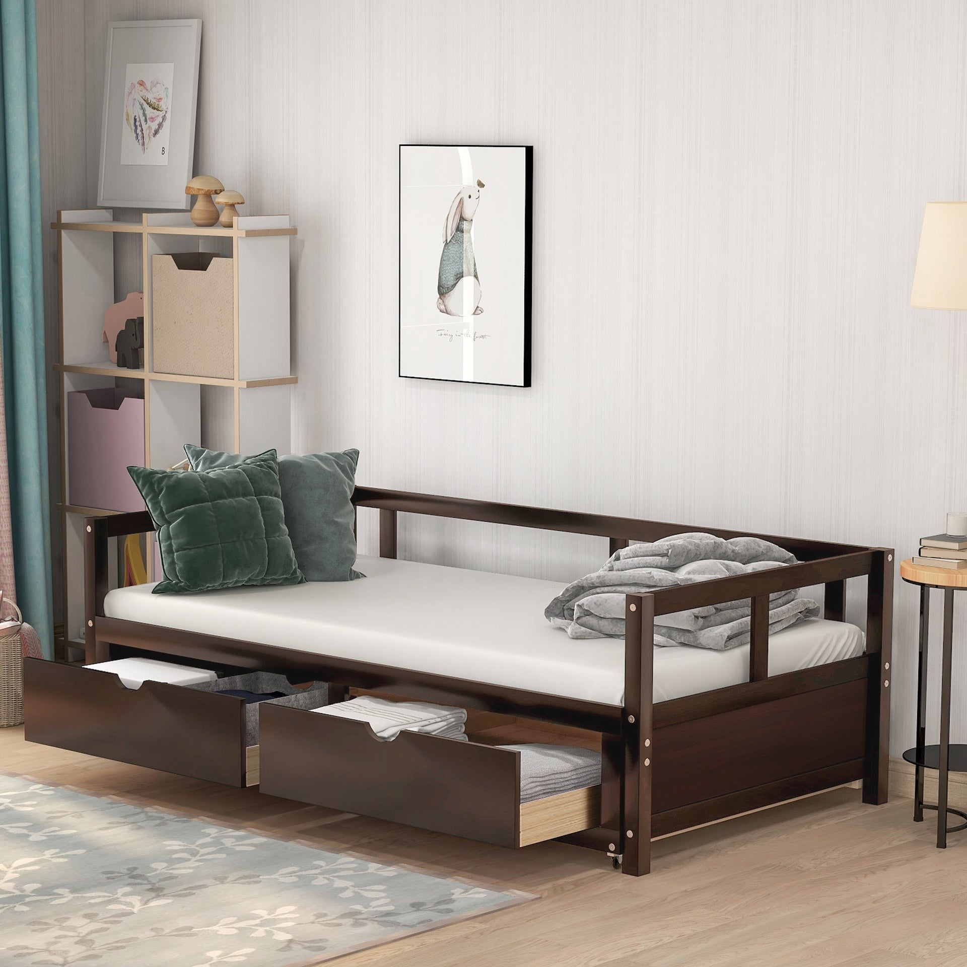Wooden Daybed with Trundle Bed and Two Storage Drawers , Extendable Bed Daybed,Sofa Bed for Bedroom Living Room,Espresso(OLD SKU: WF194973AAP)