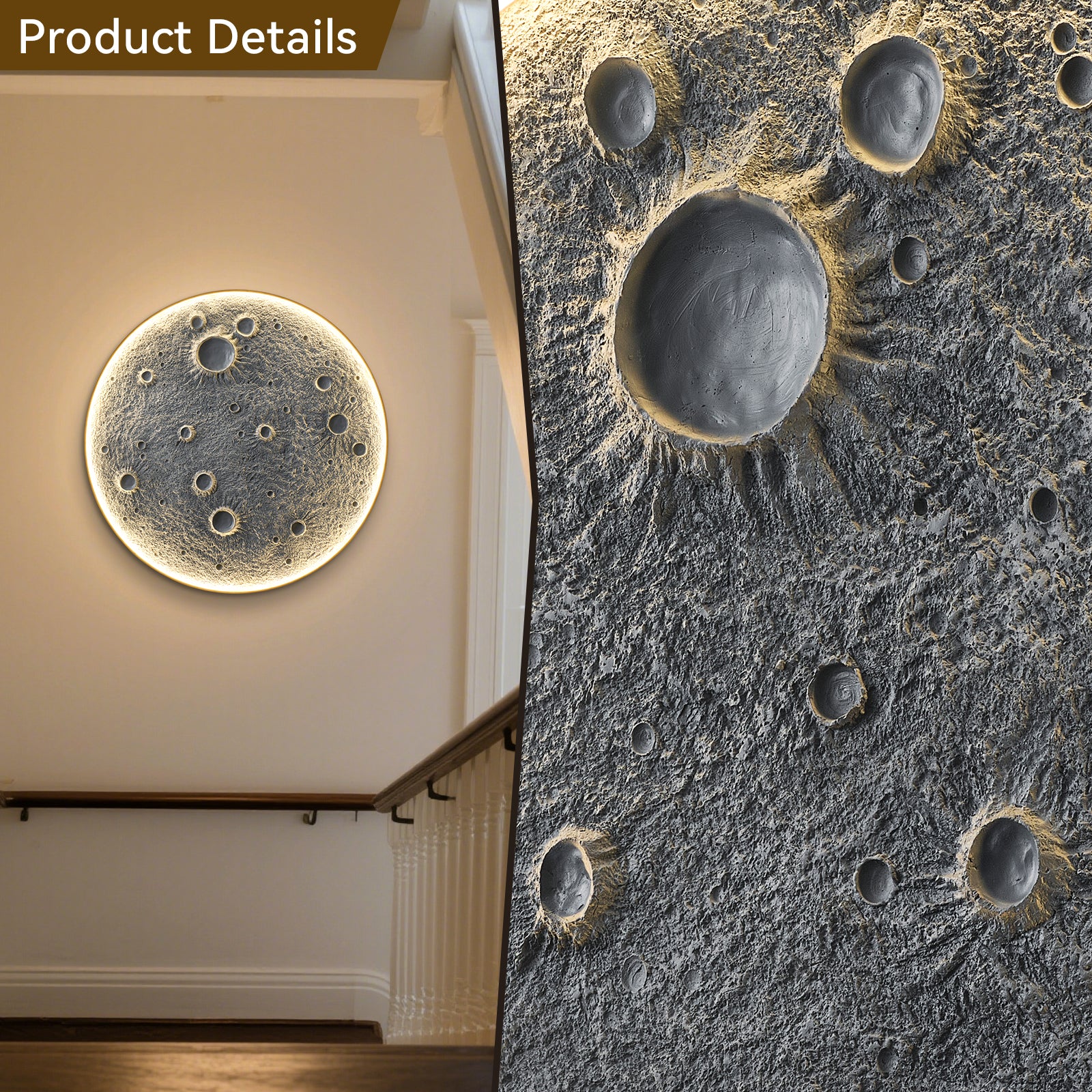 48-Inch Realistic Resin Moon Wall Light – Plug-In Dimmable LED Moon Sconce with Remote Control, 45 W Main & 20 W Night Light, Meteorite Crater Texture, 1.75″ Thick Wall-Mounted Décor for Home & Commer