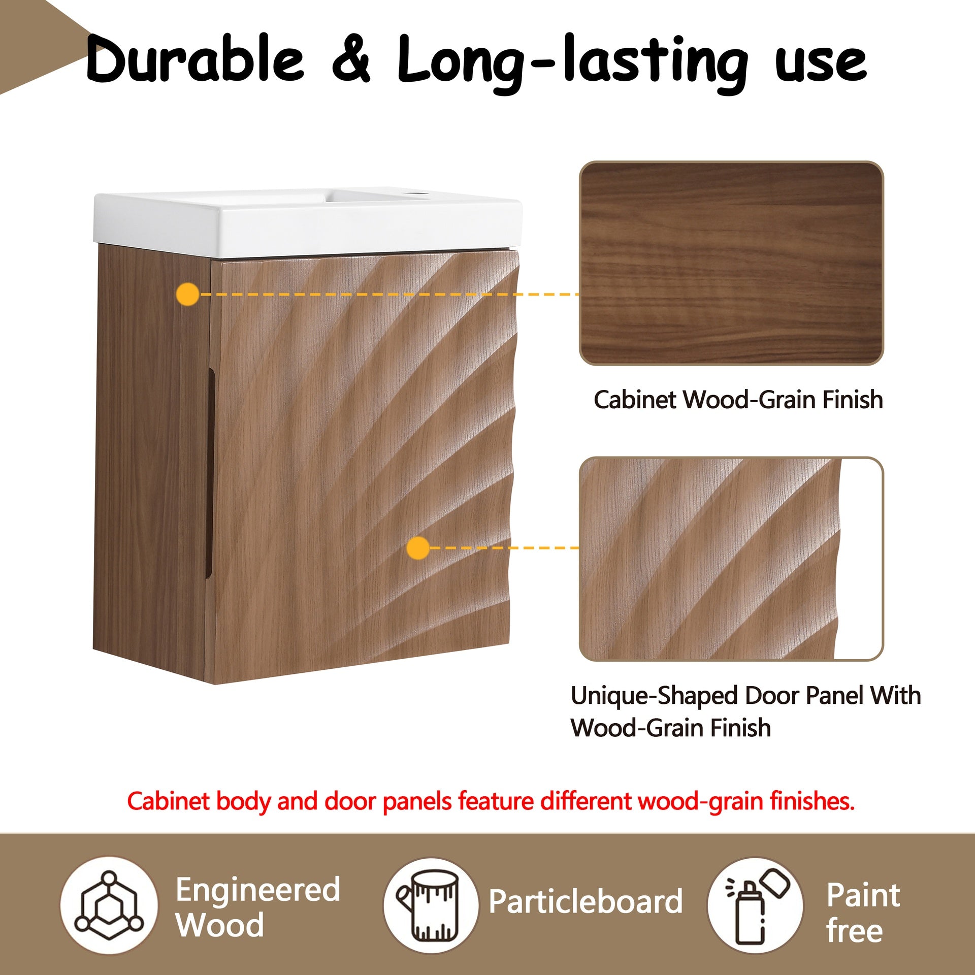 18.5" Wall-Mounted Bathroom Vanity with Resin Sink, Soft Closed Single Door, MDF,  Walnut  (KD-Packing)