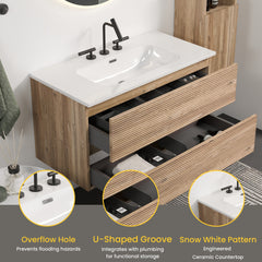 Gloria 36" Wall Mounted Rough Oak&Rough Oak Bathroom Vanity with Integrated Ceramic Sink with Overflow, with 3 holes, Large Storage Floating Bathroom Vanity for Modern Bathroom, KD
