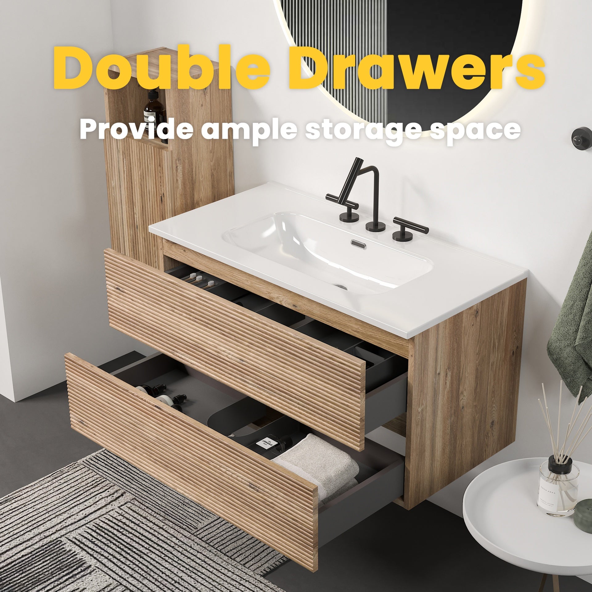 Gloria 36" Wall Mounted Rough Oak&Rough Oak Bathroom Vanity with Integrated Ceramic Sink with Overflow, with 3 holes, Large Storage Floating Bathroom Vanity for Modern Bathroom, KD