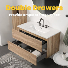 Gloria 36" Wall Mounted Rough Oak&Rough Oak Bathroom Vanity with Integrated Ceramic Sink with Overflow, with 3 holes, Large Storage Floating Bathroom Vanity for Modern Bathroom, KD