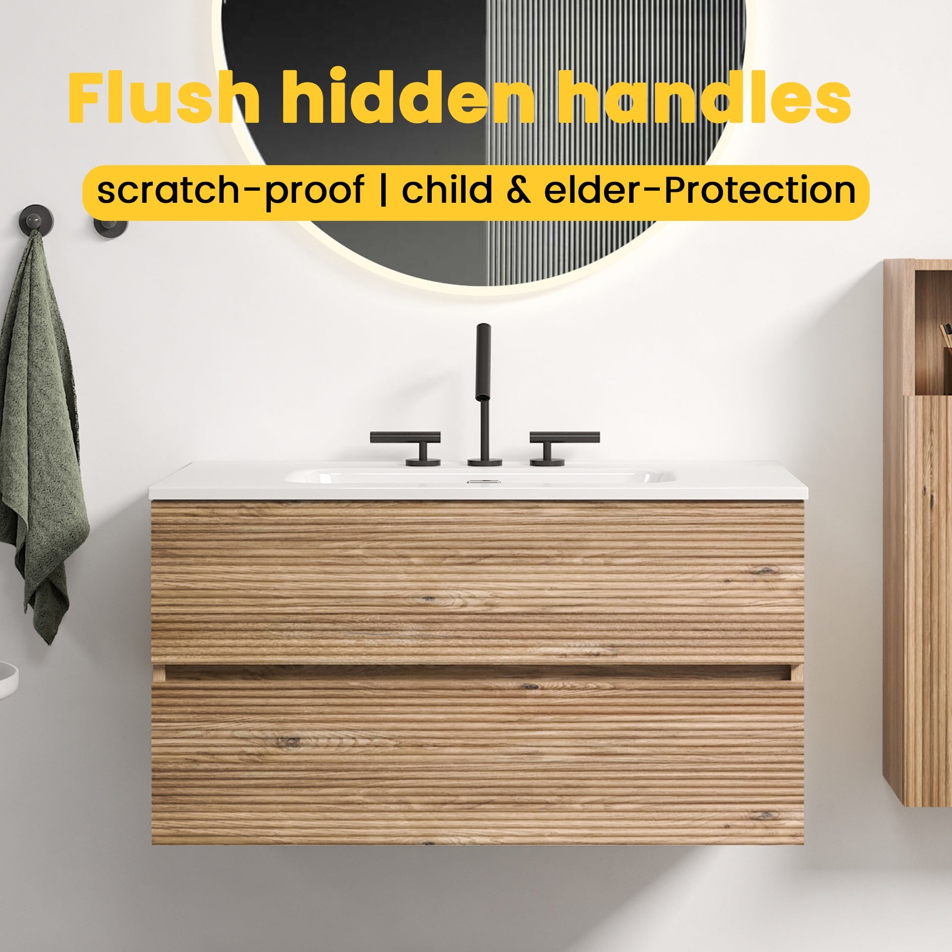 Gloria 36" Wall Mounted Rough Oak&Rough Oak Bathroom Vanity with Integrated Ceramic Sink with Overflow, with 3 holes, Large Storage Floating Bathroom Vanity for Modern Bathroom, KD