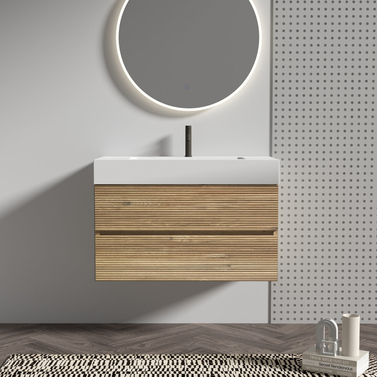 Grace 36"  Rough Oak+Rough Oak Bathroom Vanity with White Engineered Quartz Sink and Soft Drawers, Wall Mounted Floating Bathroom Vanity for Modern Bathroom, without drainage and faucet, KD