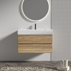 Grace 36"  Rough Oak+Rough Oak Bathroom Vanity with White Engineered Quartz Sink and Soft Drawers, Wall Mounted Floating Bathroom Vanity for Modern Bathroom, without drainage and faucet, KD