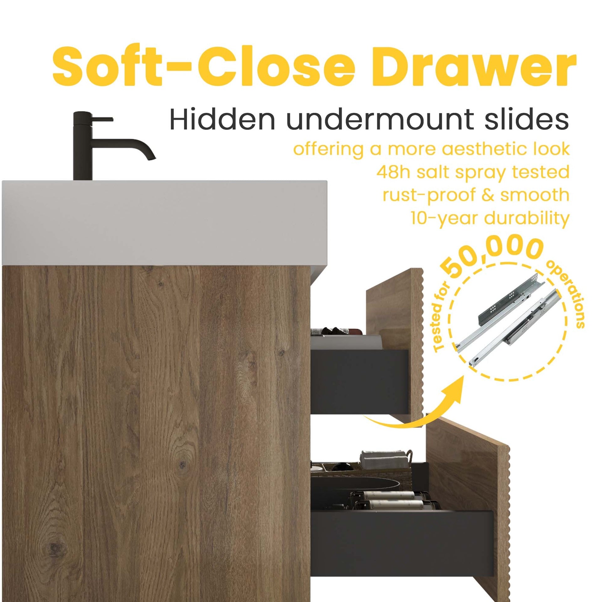 Grace 36"  Rough Oak+Rough Oak Bathroom Vanity with White Engineered Quartz Sink and Soft Drawers, Wall Mounted Floating Bathroom Vanity for Modern Bathroom, without drainage and faucet, KD