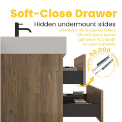 Grace 36"  Rough Oak+Rough Oak Bathroom Vanity with White Engineered Quartz Sink and Soft Drawers, Wall Mounted Floating Bathroom Vanity for Modern Bathroom, without drainage and faucet, KD