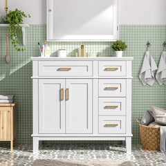 36" White Modern Bathroom Vanity with Ceramic Sink,,Soft-Close Door,and 4 Storage Drawers, offering a refined look with practical everyday functionality.