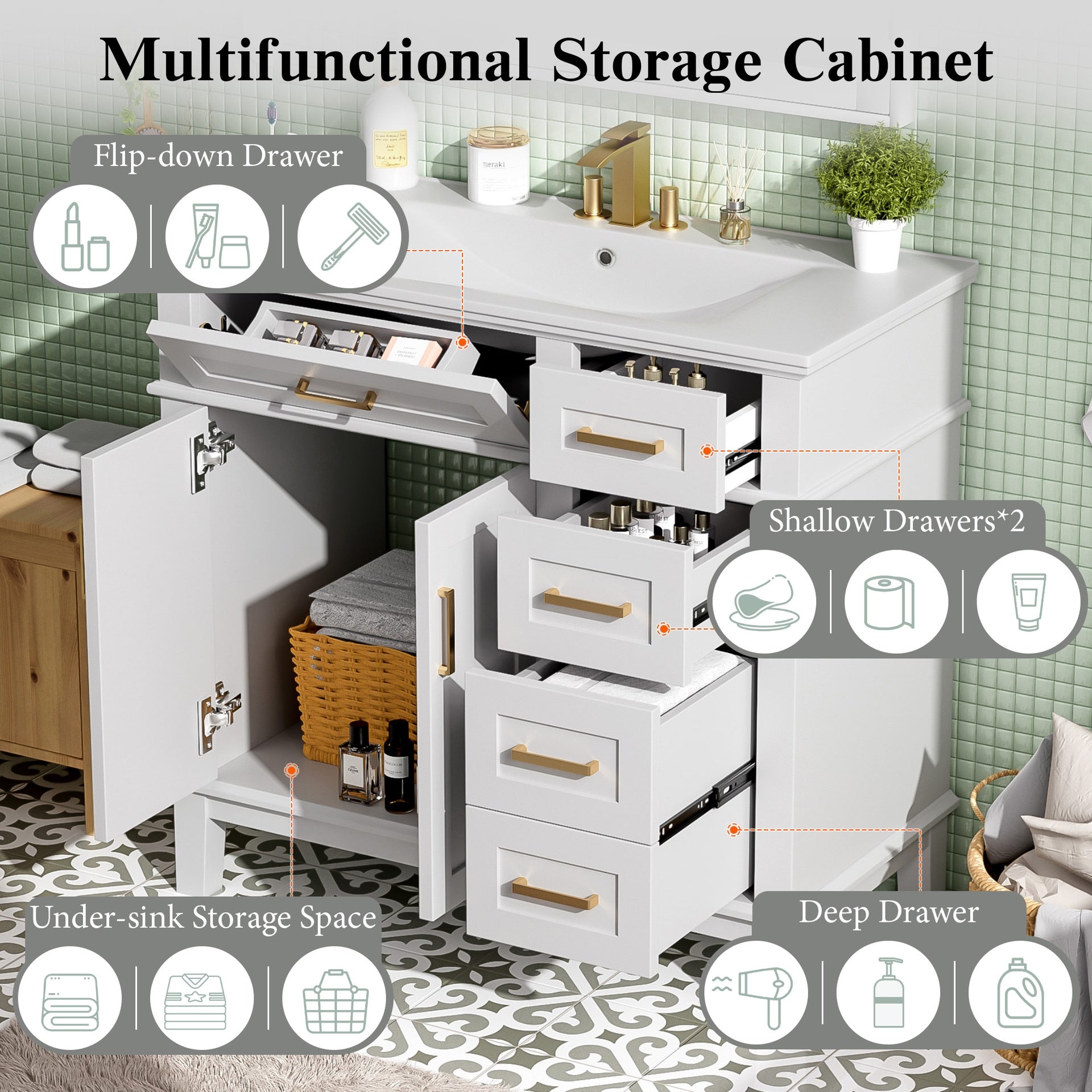 36" White Modern Bathroom Vanity with Ceramic Sink,,Soft-Close Door,and 4 Storage Drawers, offering a refined look with practical everyday functionality.