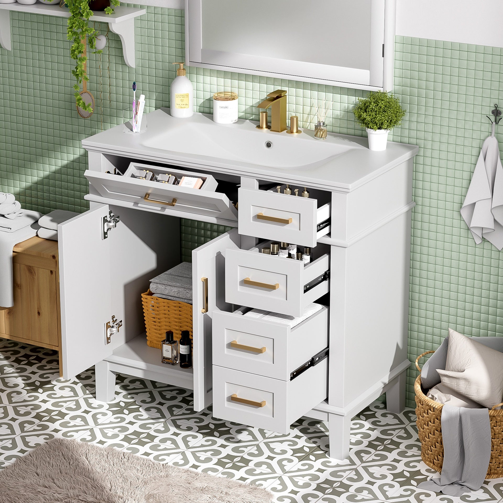 36" White Modern Bathroom Vanity with Ceramic Sink,,Soft-Close Door,and 4 Storage Drawers, offering a refined look with practical everyday functionality.