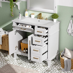 36" White Modern Bathroom Vanity with Ceramic Sink,,Soft-Close Door,and 4 Storage Drawers, offering a refined look with practical everyday functionality.