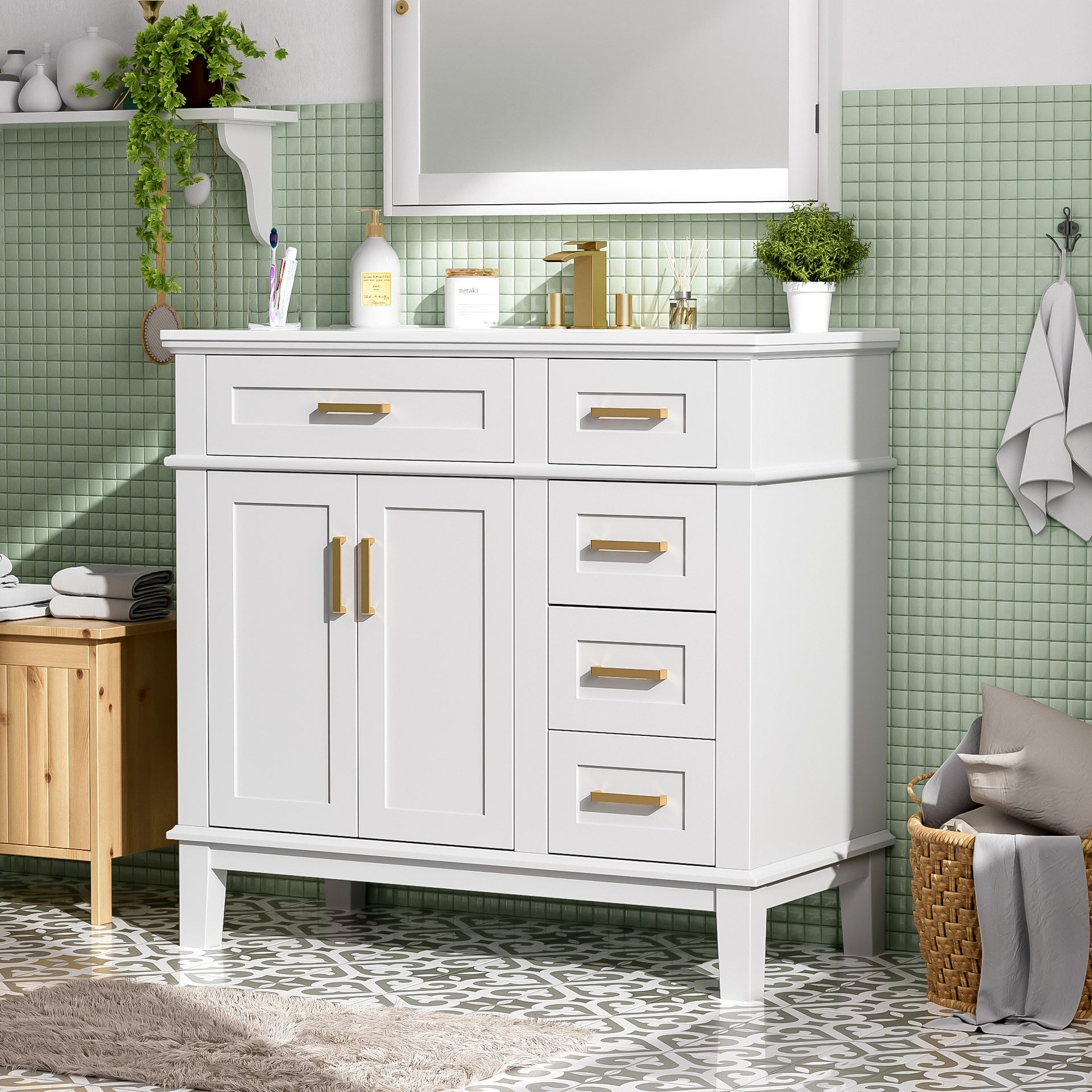 36" White Modern Bathroom Vanity with Ceramic Sink,,Soft-Close Door,and 4 Storage Drawers, offering a refined look with practical everyday functionality.