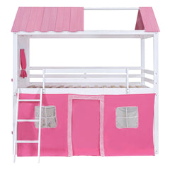 Full Size Bunk Wood House Bed with Elegant Windows, Sills and Tent,  Pink+White