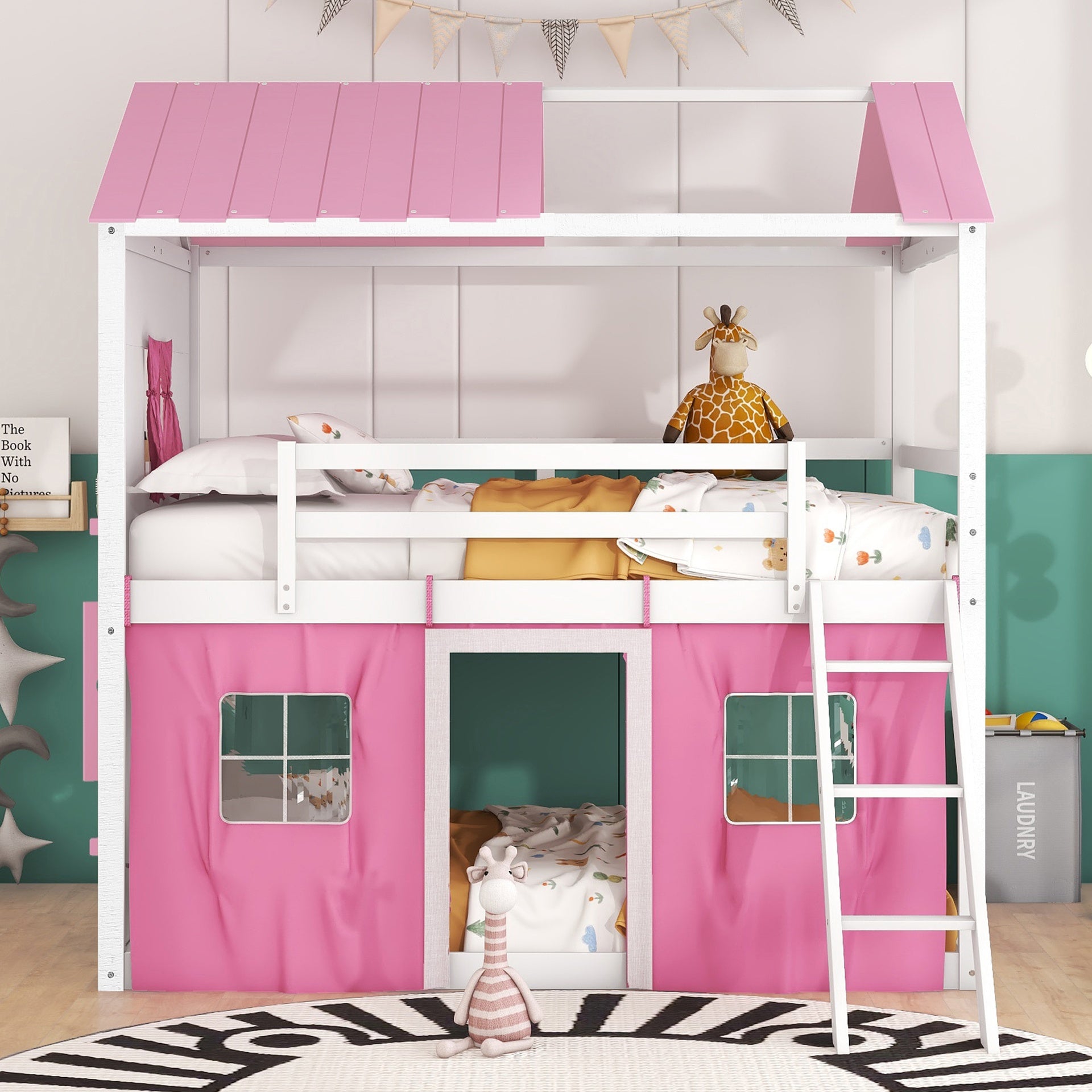 Full Size Bunk Wood House Bed with Elegant Windows, Sills and Tent,  Pink+White