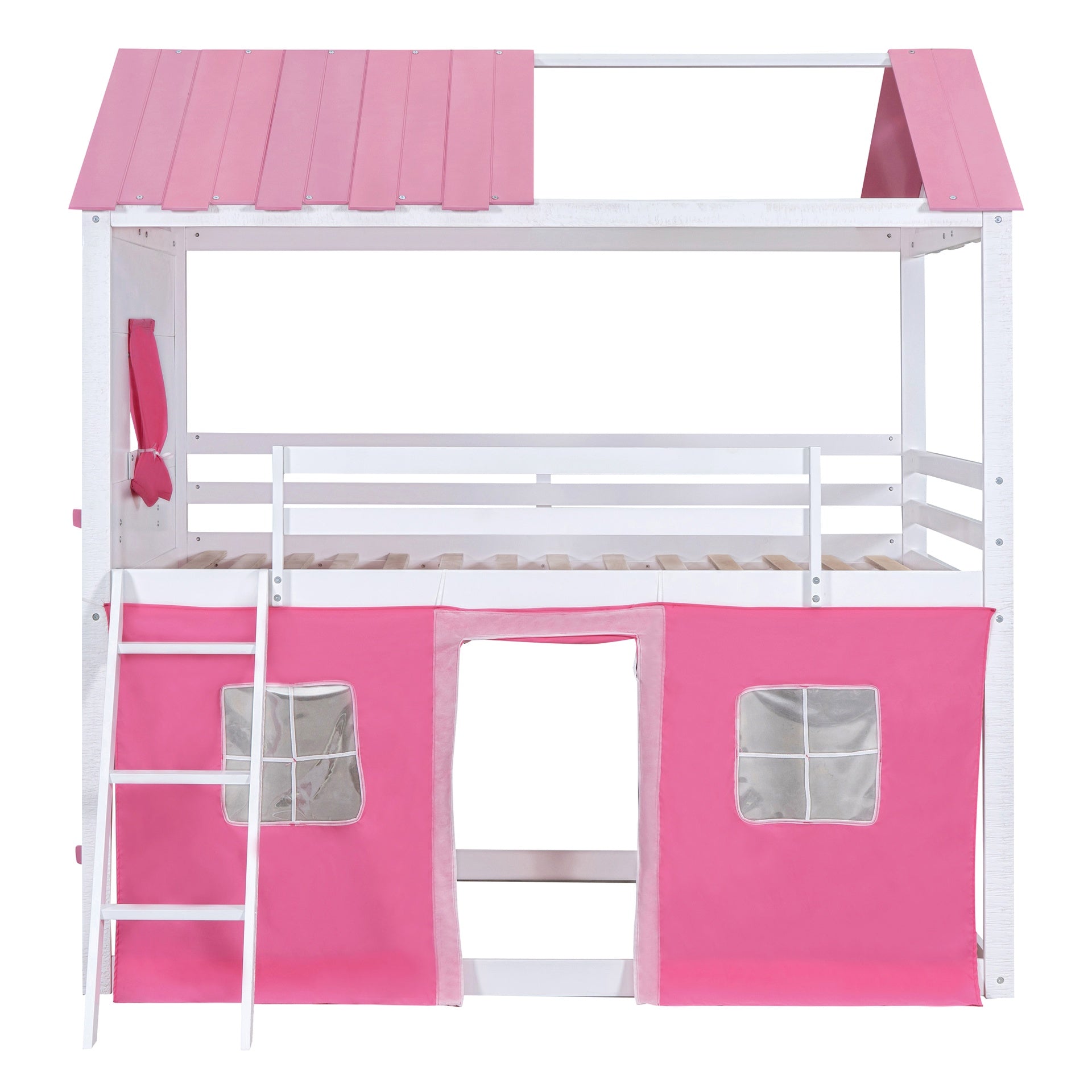 Full Size Bunk Wood House Bed with Elegant Windows, Sills and Tent,  Pink+White