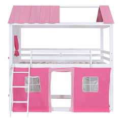 Full Size Bunk Wood House Bed with Elegant Windows, Sills and Tent,  Pink+White